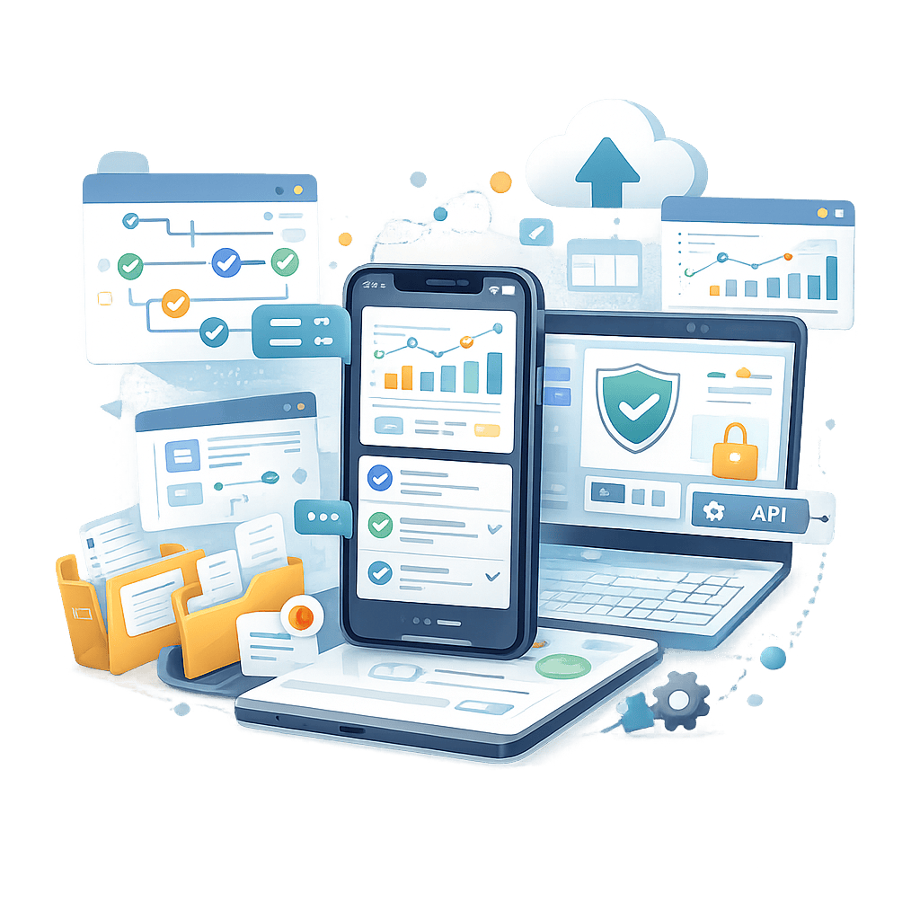 Illustration showing mobile and web app development features supporting custom business software solutions.