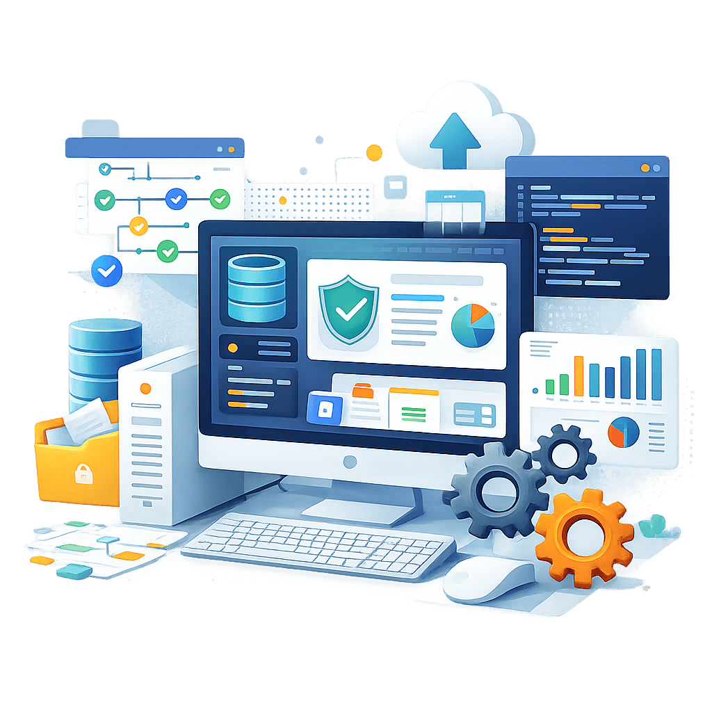 Illustration of desktop software development tools and dashboards supporting custom business systems.