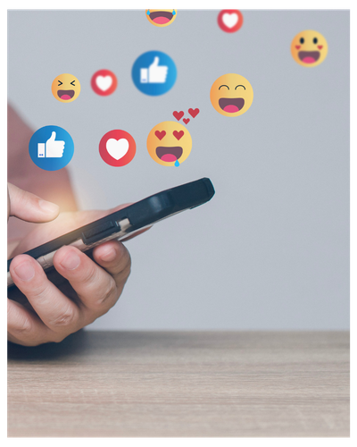 person using mobile phone with social media reactions representing campaign interaction activity