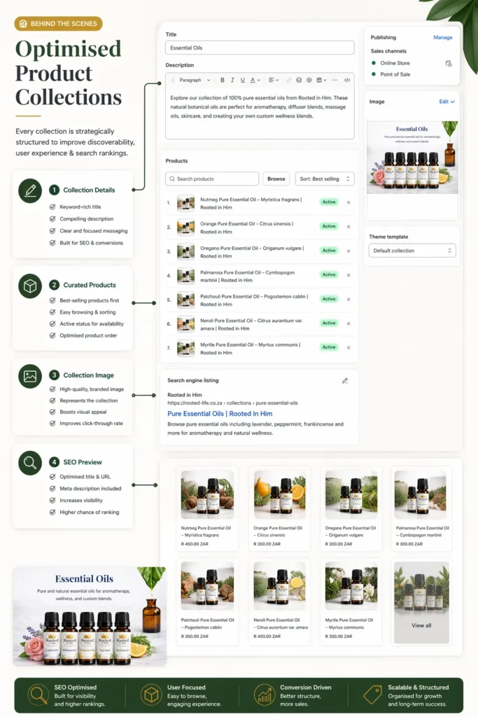Shopify collection page for essential oils with SEO optimised title description and organised product layout