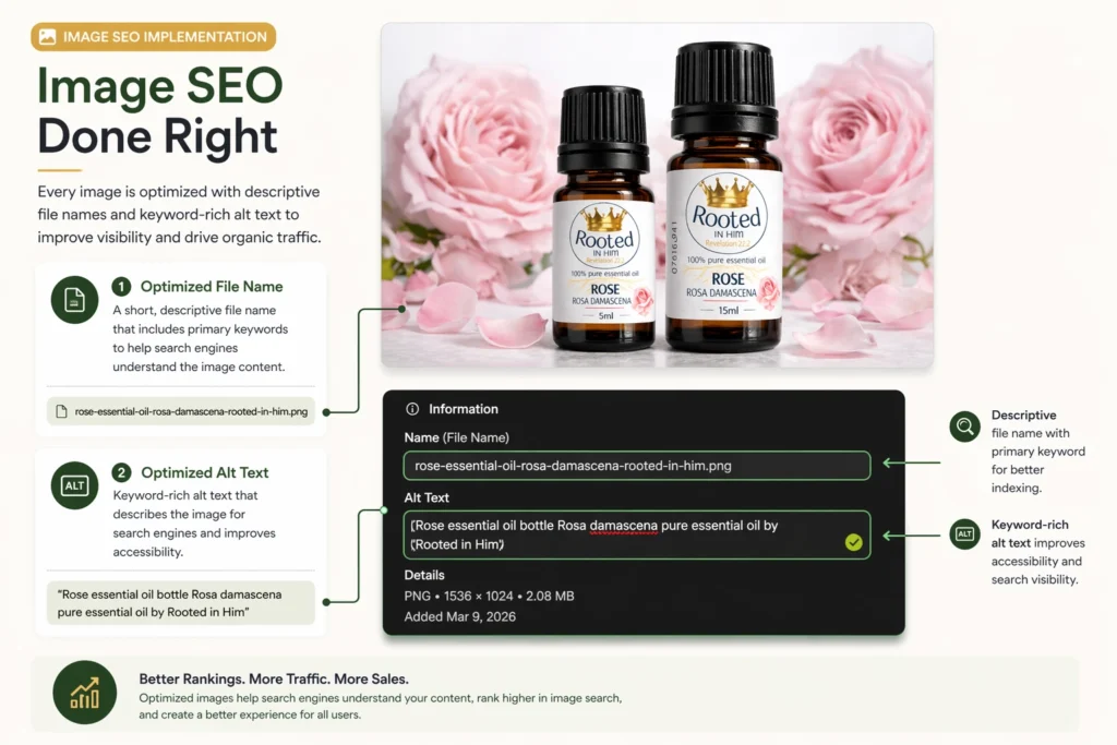 Image SEO implementation showing optimised file name and keyword rich alt text for ecommerce product images