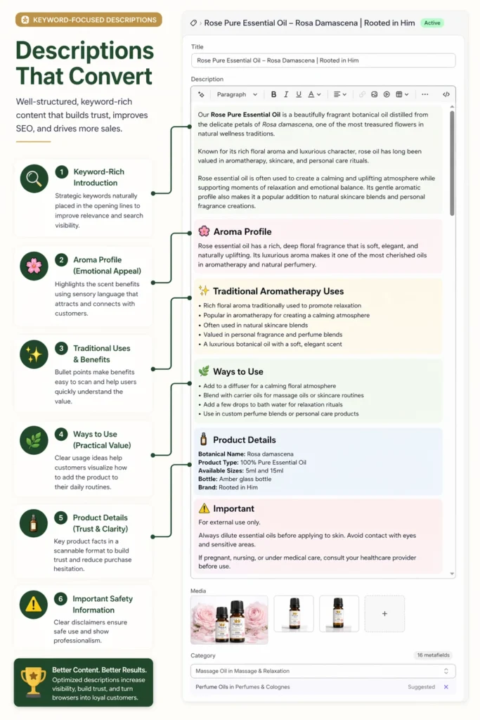 SEO optimised product description for essential oil including keyword rich content benefits and usage sections